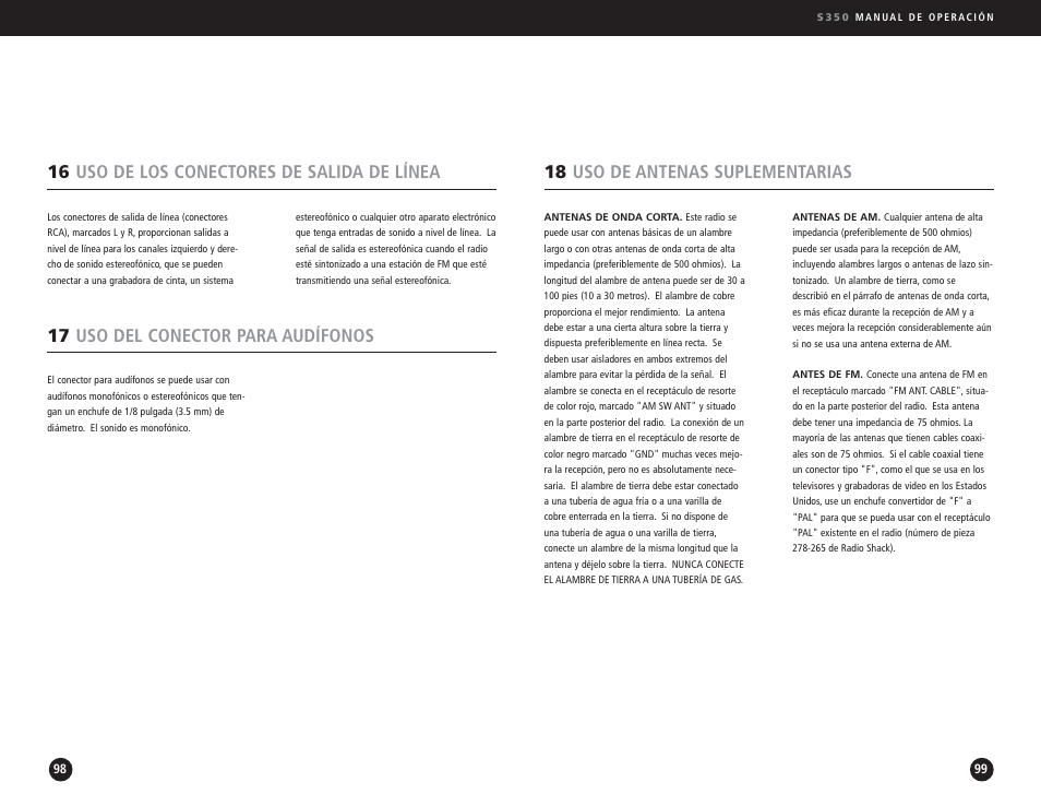 16 uso de los conectores de salida de línea, 17 uso del conector para audífonos, 18 uso de antenas suplementarias | Eton S350 User Manual | Page 50 / 68