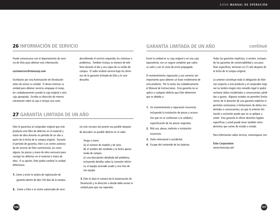 Garantía limitada de un año, Continué 26 información de servicio, 27 garantía limitada de un año | Eton S350 User Manual | Page 54 / 68
