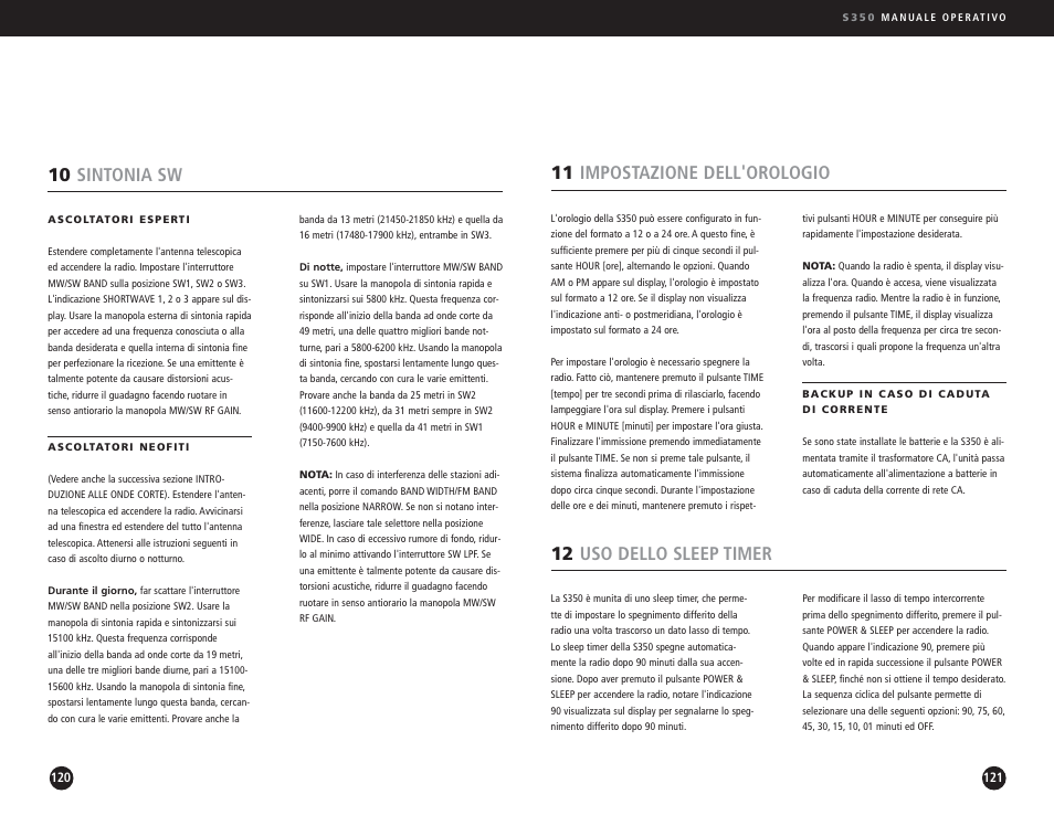 10 sintonia sw, 11 impostazione dell'orologio, 12 uso dello sleep timer | Eton S350 User Manual | Page 61 / 68