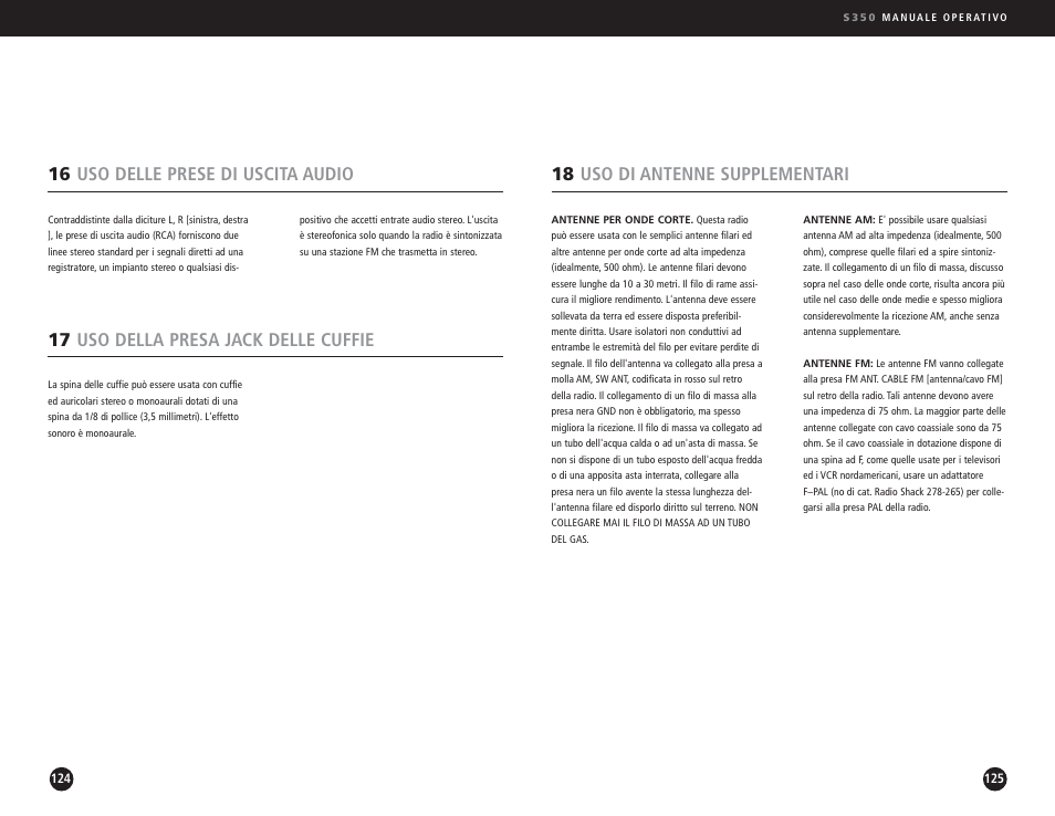 18 uso di antenne supplementari, 16 uso delle prese di uscita audio, 17 uso della presa jack delle cuffie | Eton S350 User Manual | Page 63 / 68