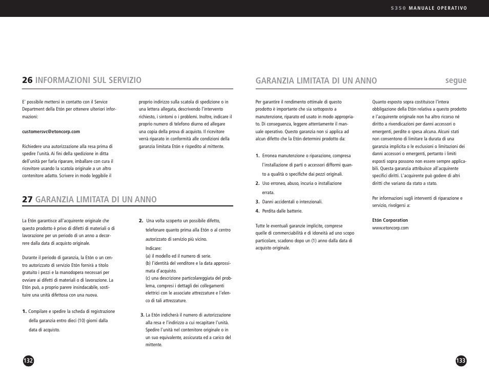 Garanzia limitata di un anno, Segue 26 informazioni sul servizio, 27 garanzia limitata di un anno | Eton S350 User Manual | Page 67 / 68