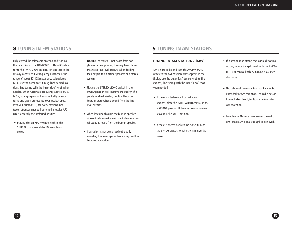 9tuning in am stations, 8tuning in fm stations | Eton S350 User Manual | Page 7 / 68