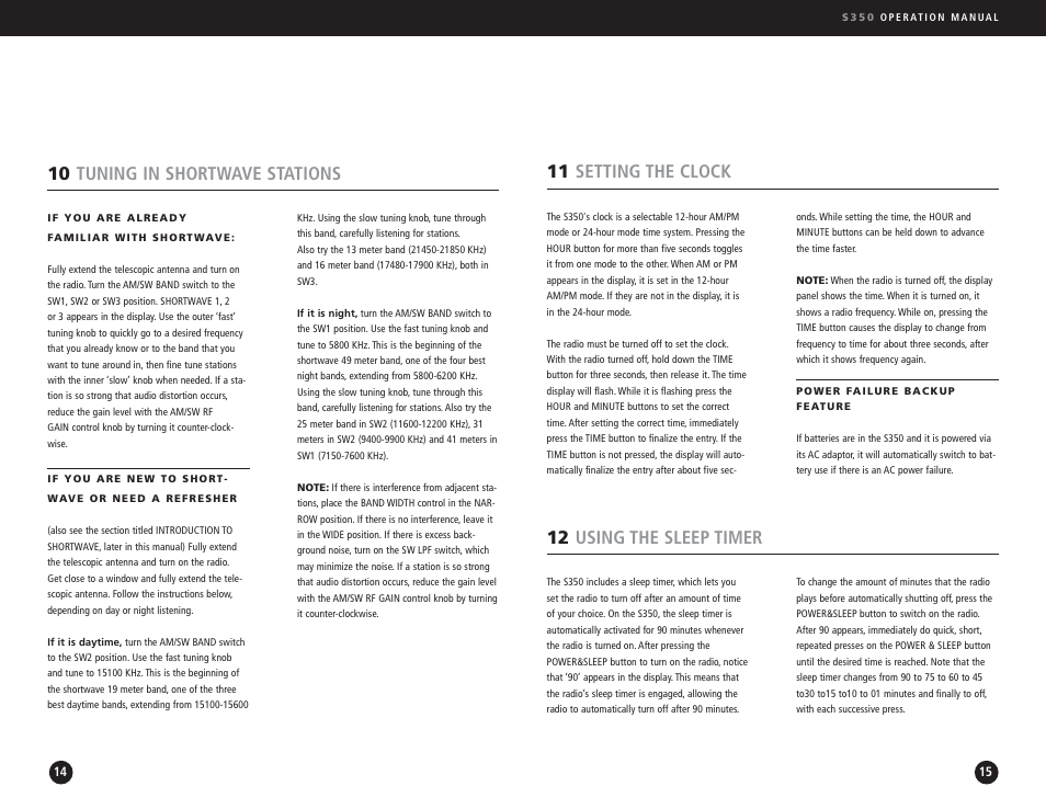 10 tuning in shortwave stations, 11 setting the clock, 12 using the sleep timer | Eton S350 User Manual | Page 8 / 68
