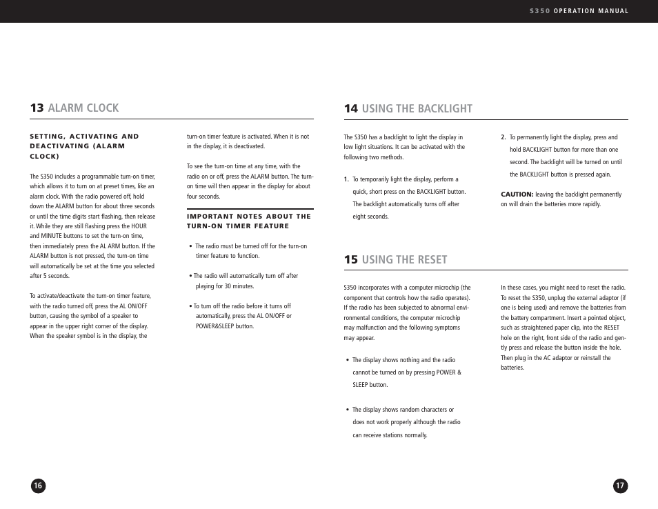 14 using the backlight, 15 using the reset, 13 alarm clock | Eton S350 User Manual | Page 9 / 68