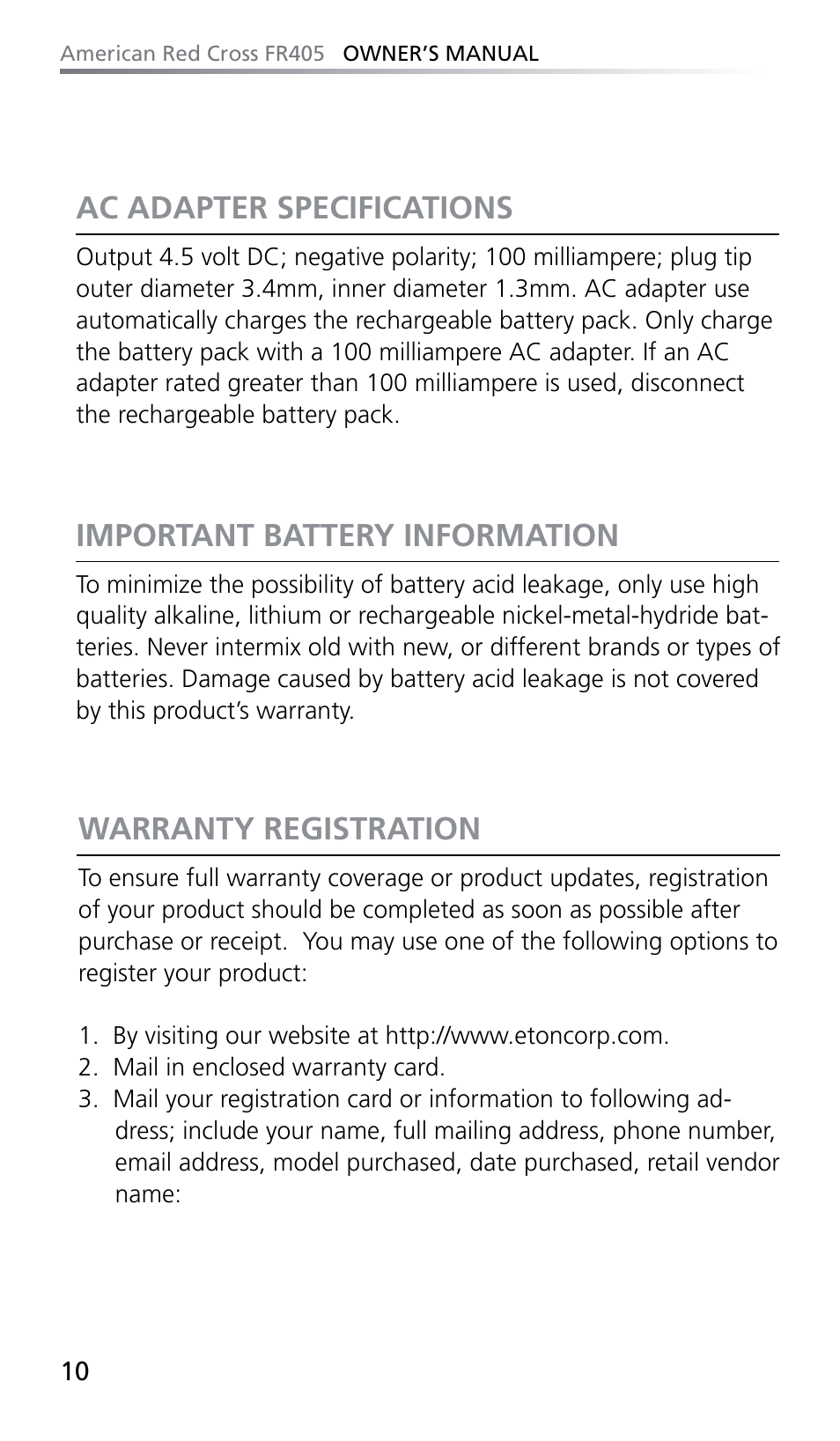 Important battery information, Warranty registration, Ac adapter specifications | Eton FR405 User Manual | Page 10 / 26