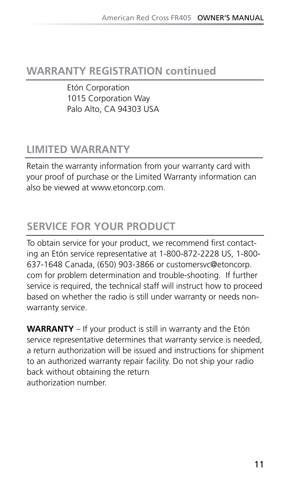 Limited warranty, Service for your product, Warranty registration continued | Eton FR405 User Manual | Page 11 / 26