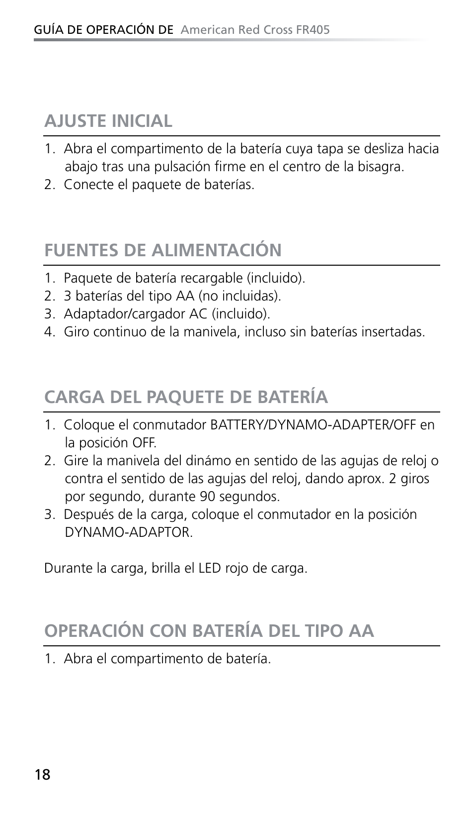 Ajuste inicial, Fuentes de alimentación, Carga del paquete de batería | Operación con batería del tipo aa | Eton FR405 User Manual | Page 18 / 26