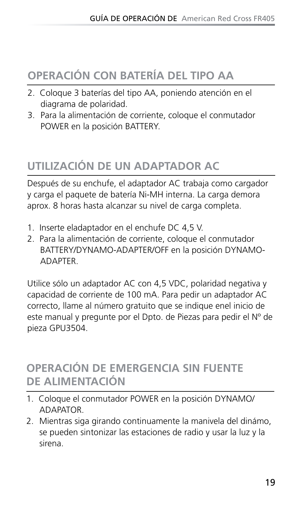 Utilización de un adaptador ac, Operación de emergencia sin fuente de alimentación, Operación con batería del tipo aa | Eton FR405 User Manual | Page 19 / 26