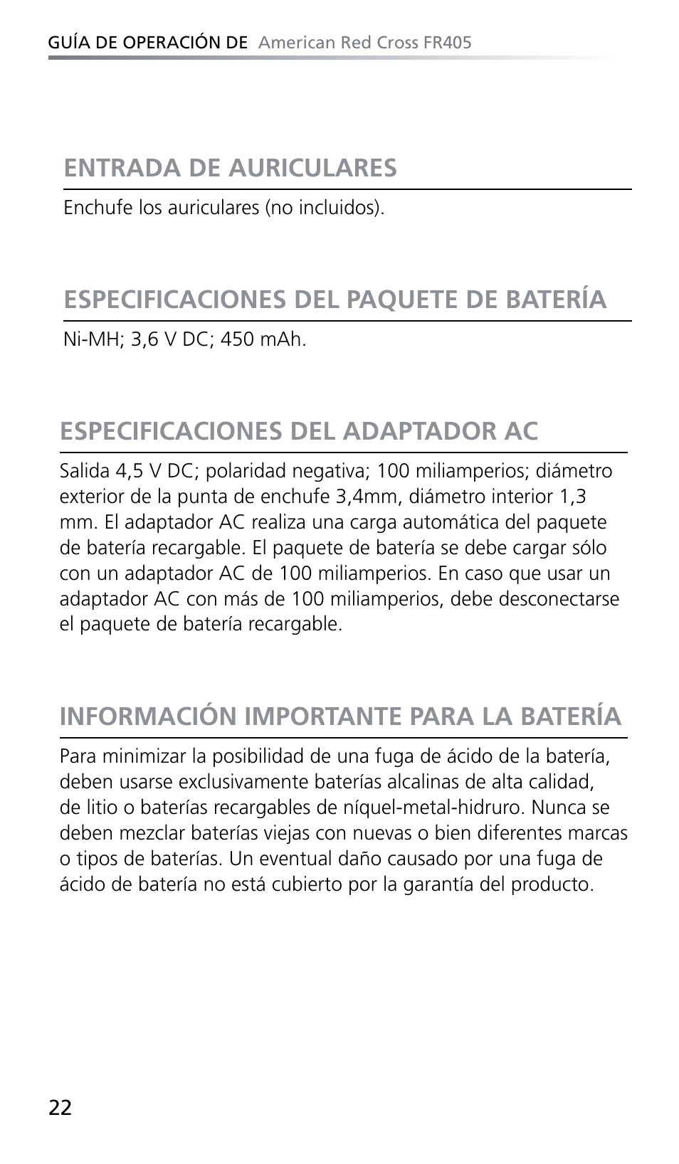 Especificaciones del adaptador ac, Información importante para la batería, Entrada de auriculares | Especificaciones del paquete de batería | Eton FR405 User Manual | Page 22 / 26