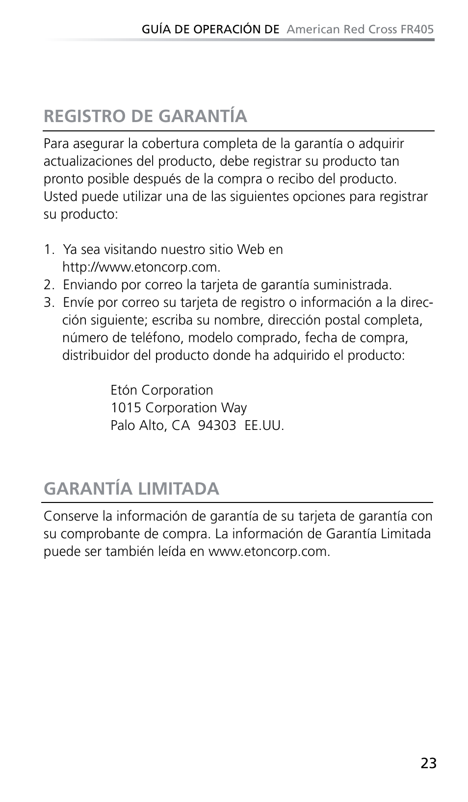 Registro de garantía, Garantía limitada | Eton FR405 User Manual | Page 23 / 26