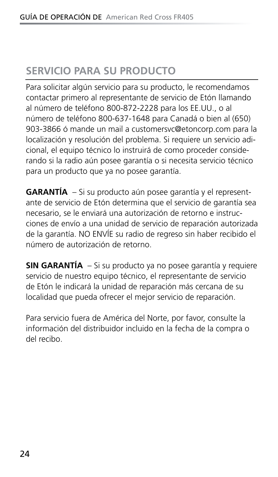 Servicio para su producto | Eton FR405 User Manual | Page 24 / 26