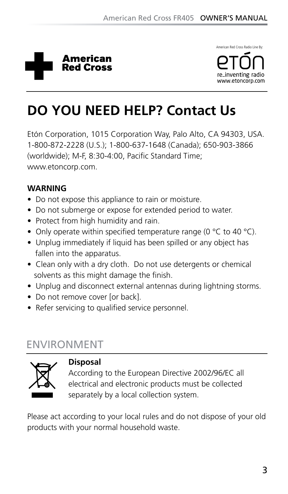 Do you need help? contact us, Environment | Eton FR405 User Manual | Page 3 / 26