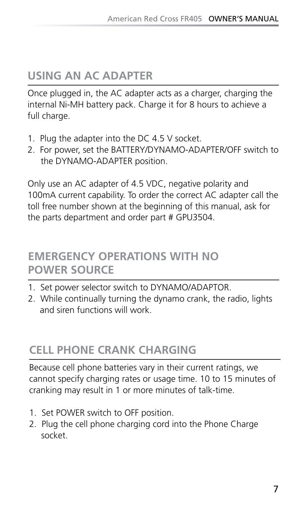 Using an ac adapter, Emergency operations with no power source, Cell phone crank charging | Eton FR405 User Manual | Page 7 / 26