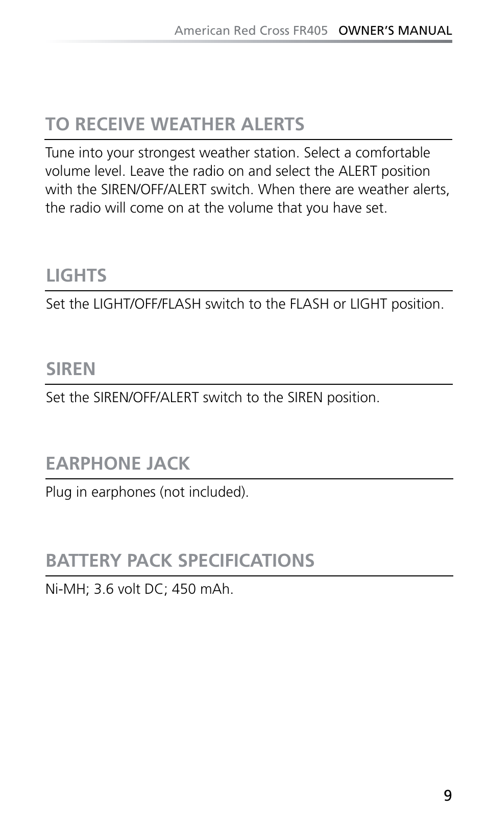 Lights, Siren, Earphone jack | Battery pack specifications | Eton FR405 User Manual | Page 9 / 26