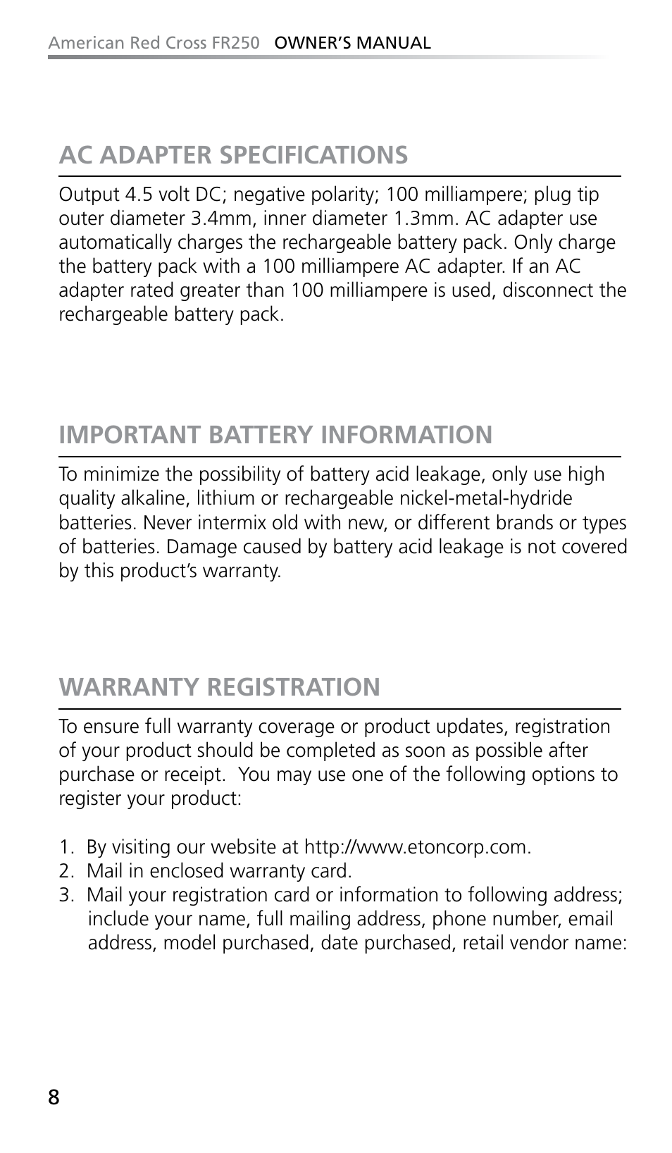 Ac adapter specifications, Important battery information, Warranty registration | Eton FR250 User Manual | Page 10 / 26