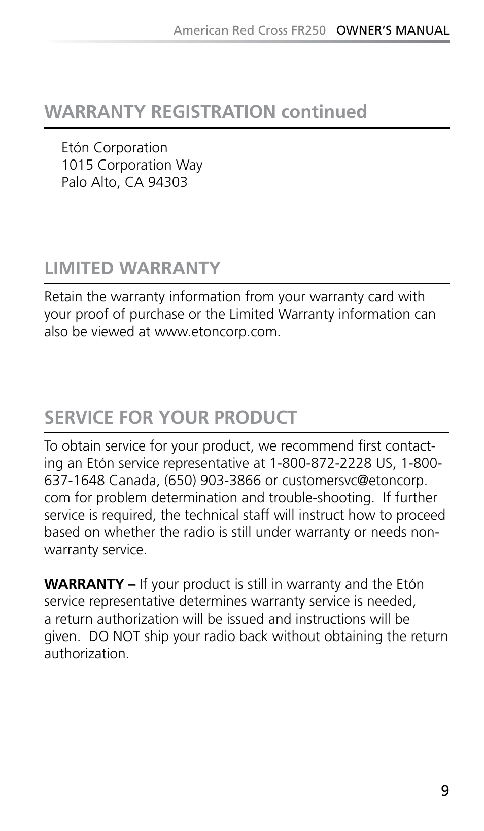 Warranty registration continued, Limited warranty, Service for your product | Eton FR250 User Manual | Page 11 / 26