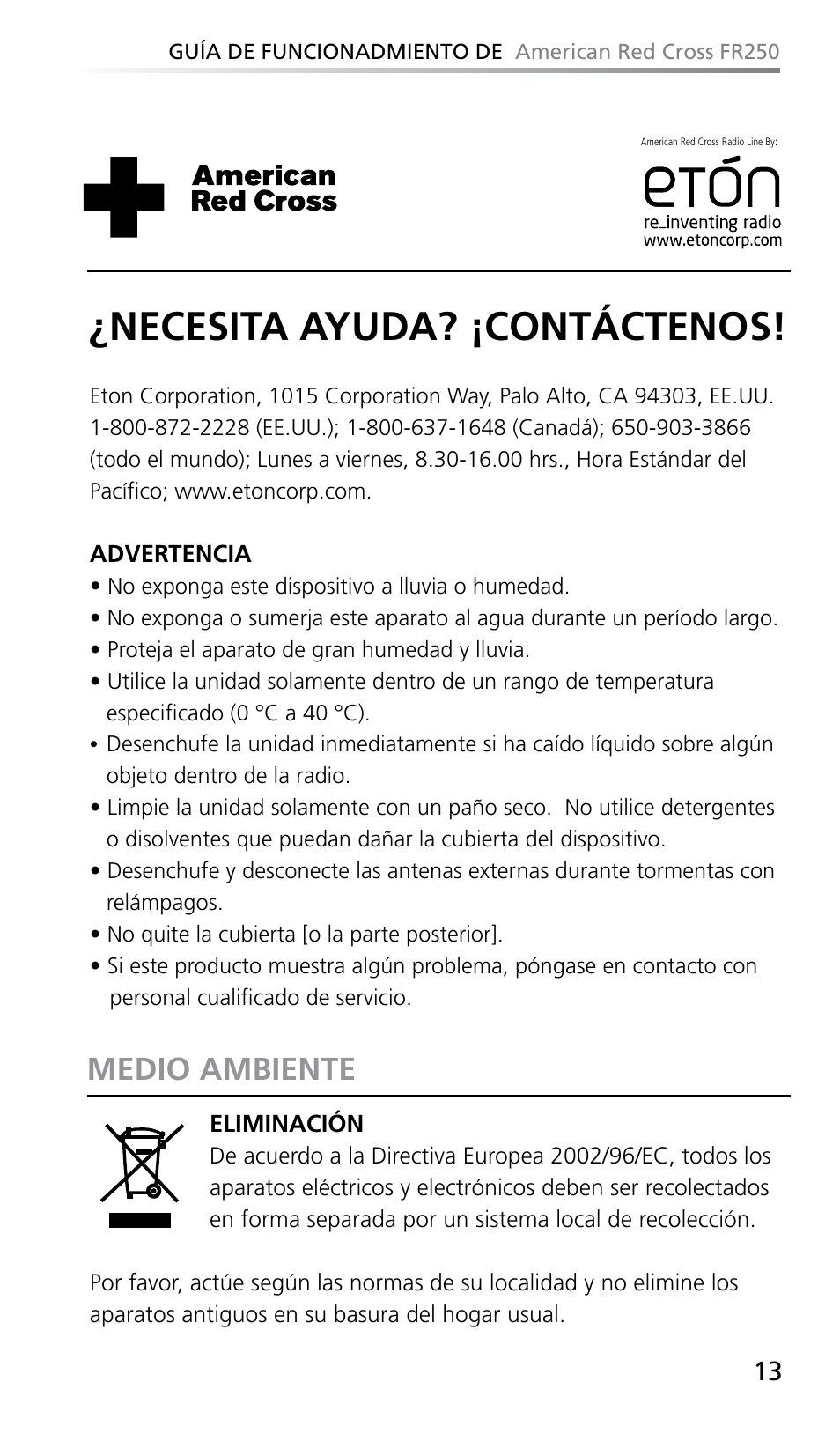 Necesita ayuda? ¡contáctenos, Medio ambiente | Eton FR250 User Manual | Page 15 / 26