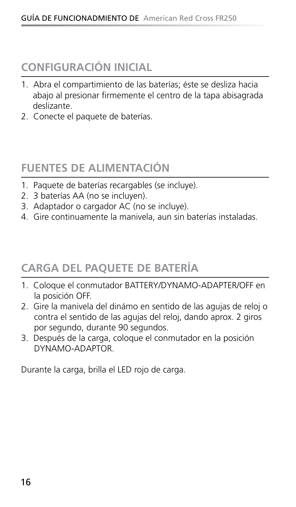 Configuración inicial, Fuentes de alimentación, Carga del paquete de batería | Eton FR250 User Manual | Page 18 / 26