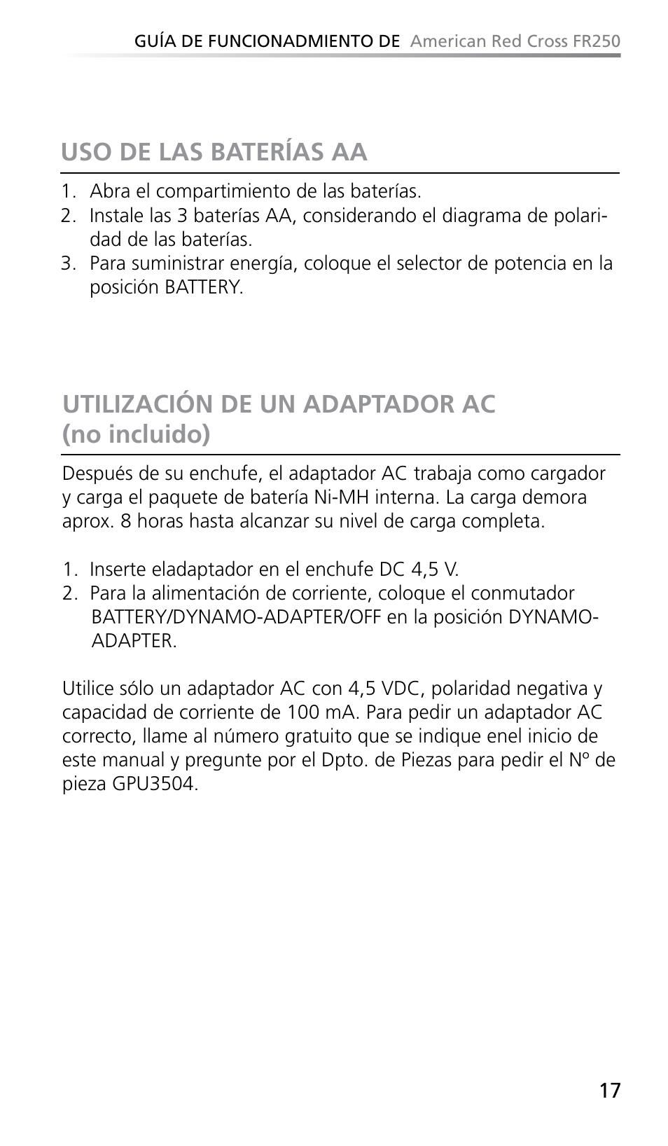 Uso de las baterías aa, Utilización de un adaptador ac (no incluido) | Eton FR250 User Manual | Page 19 / 26