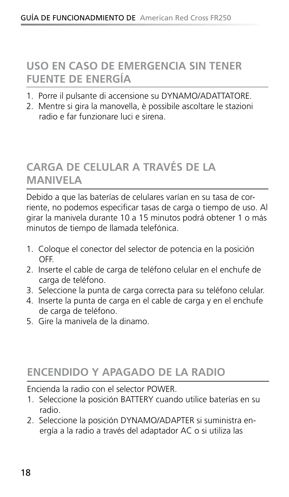 Encendido y apagado de la radio, Carga de celular a través de la manivela | Eton FR250 User Manual | Page 20 / 26