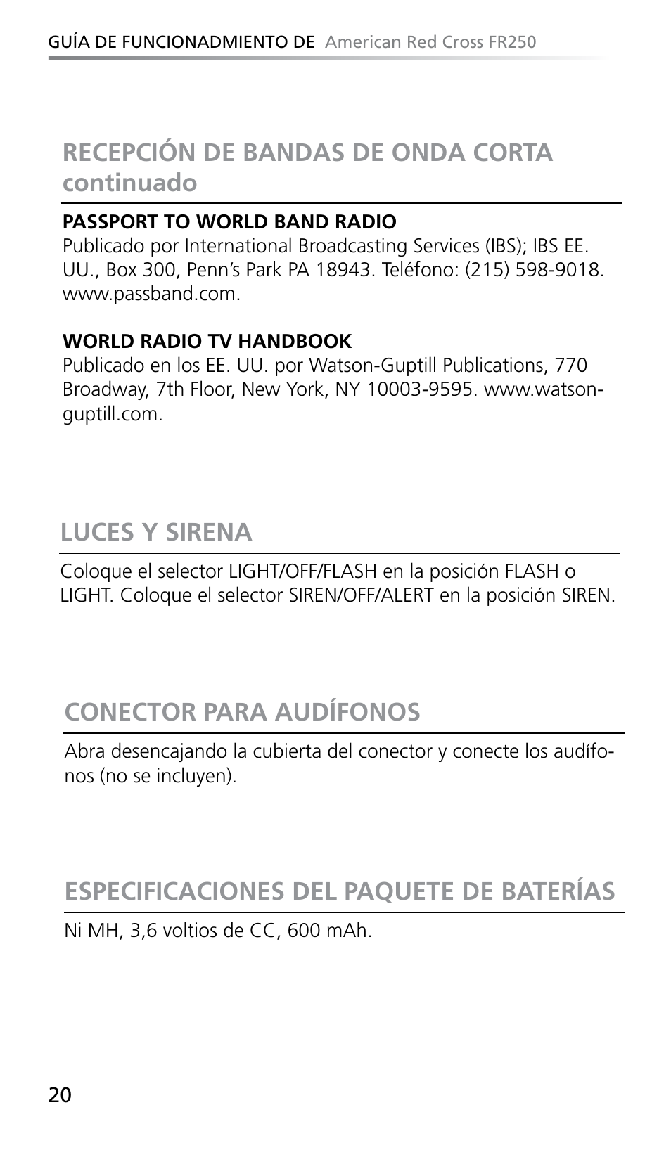 Conector para audífonos, Especificaciones del paquete de baterías, Luces y sirena | Recepción de bandas de onda corta continuado | Eton FR250 User Manual | Page 22 / 26