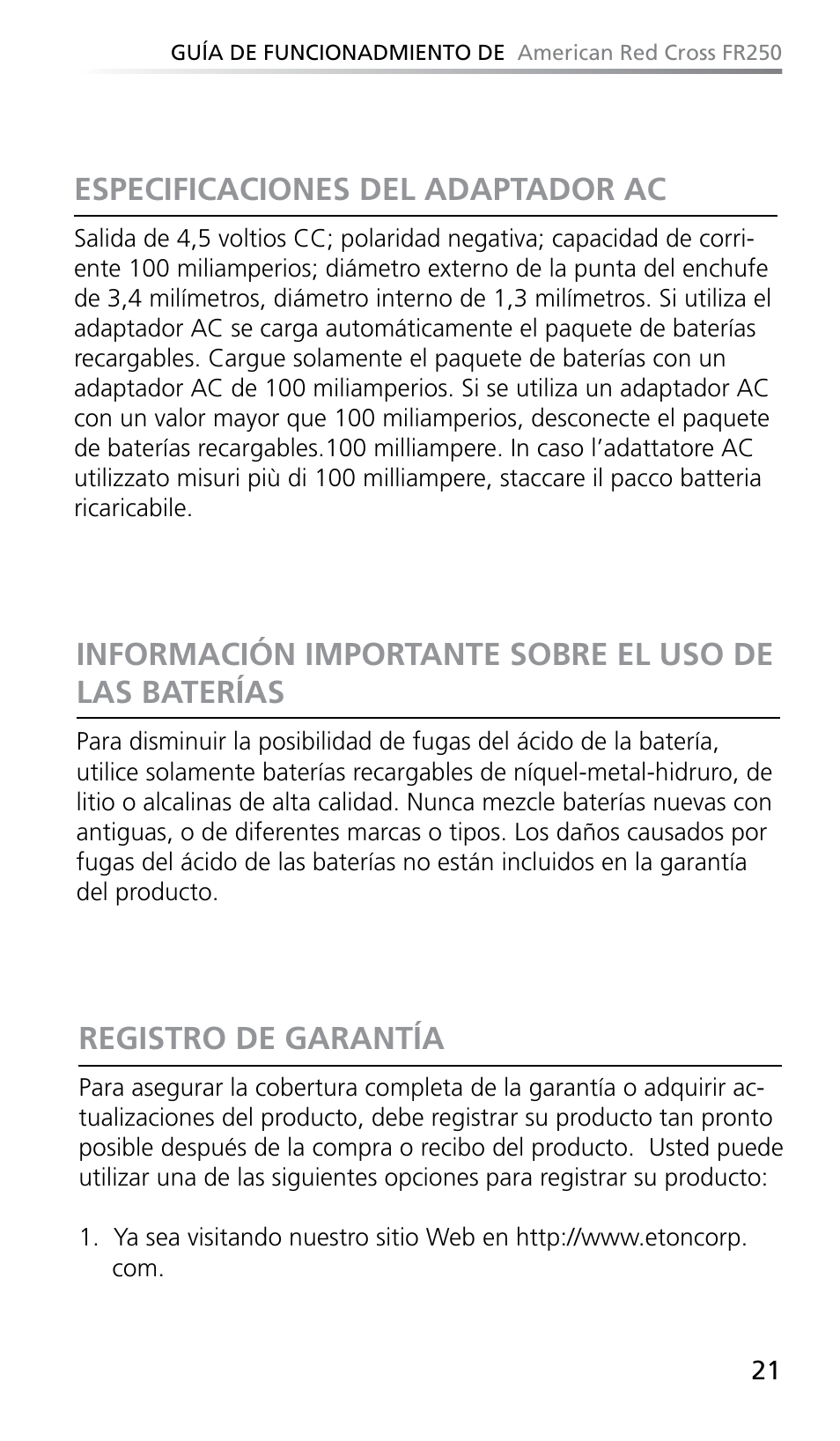 Especificaciones del adaptador ac, Registro de garantía | Eton FR250 User Manual | Page 23 / 26