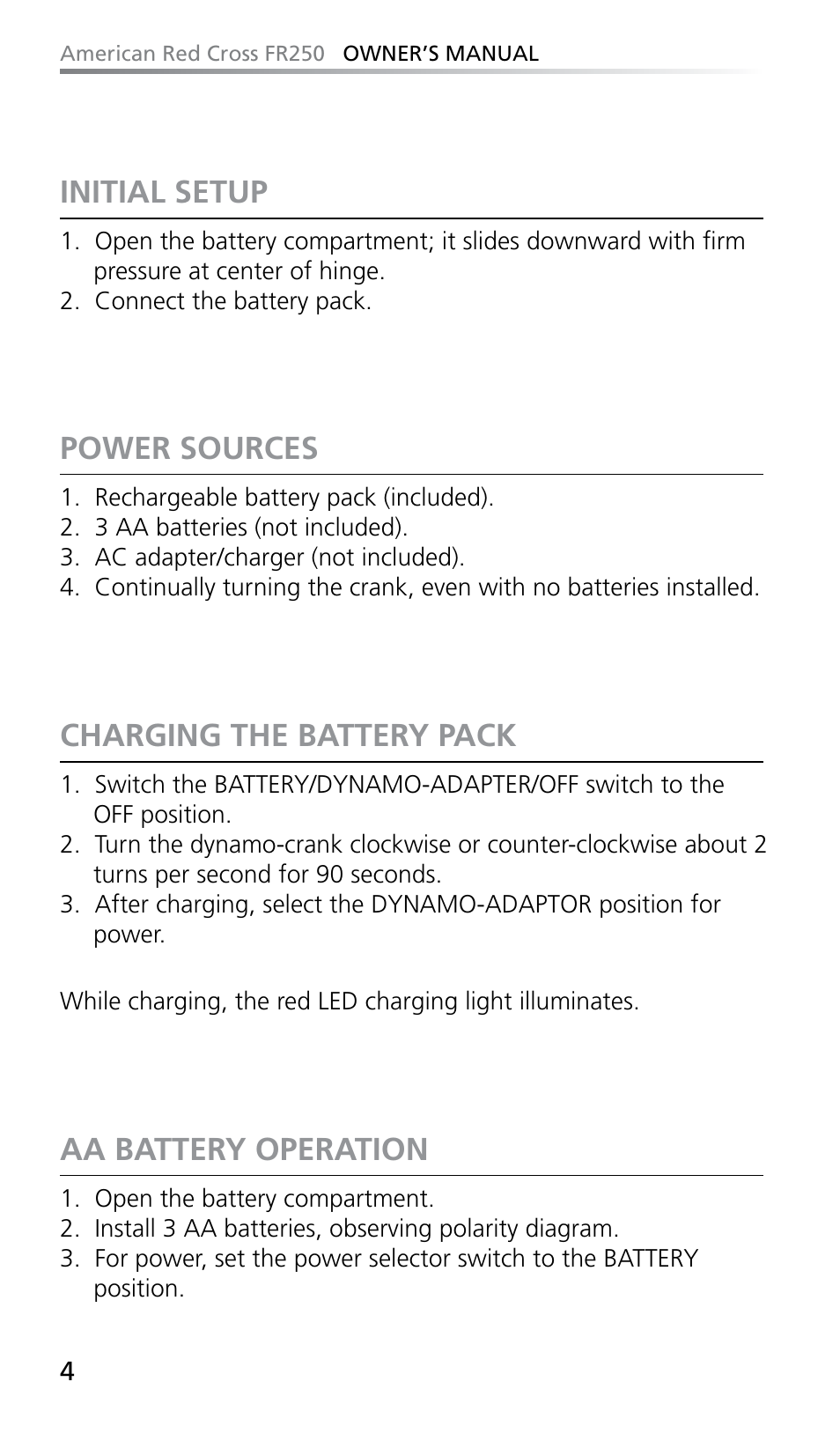 Initial setup, Power sources, Charging the battery pack | Aa battery operation | Eton FR250 User Manual | Page 6 / 26