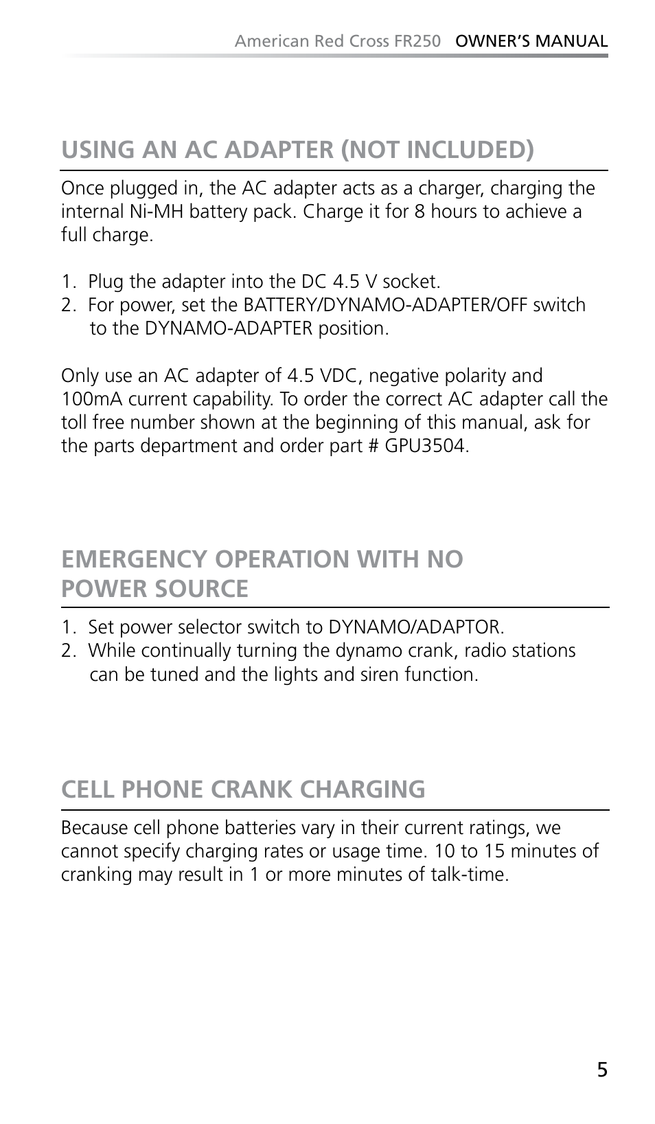 Using an ac adapter (not included), Emergency operation with no power source, Cell phone crank charging | Eton FR250 User Manual | Page 7 / 26