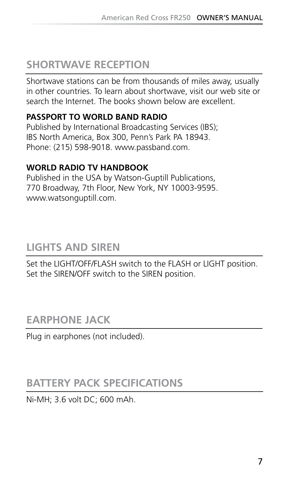 Shortwave reception, Lights and siren, Earphone jack | Battery pack specifications | Eton FR250 User Manual | Page 9 / 26