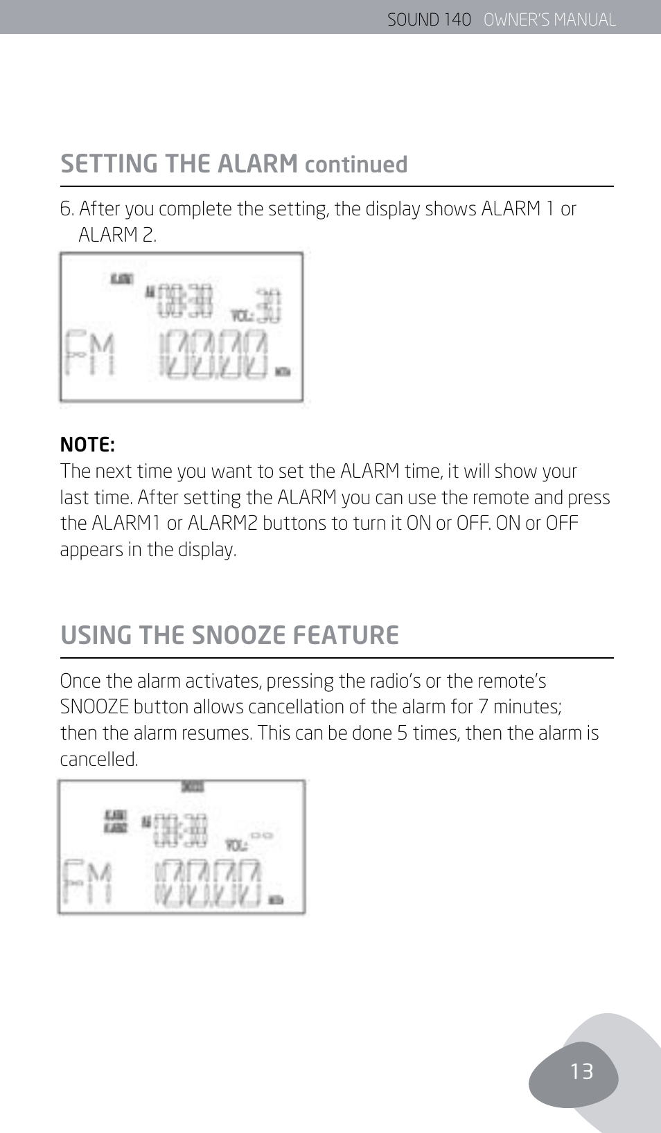 Using the snooze feature setting the alarm | Eton SOUND 140 User Manual | Page 13 / 74