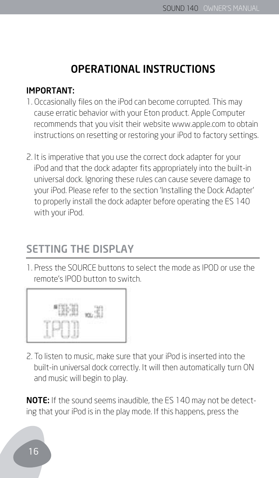 Setting the display operational instructions | Eton SOUND 140 User Manual | Page 16 / 74