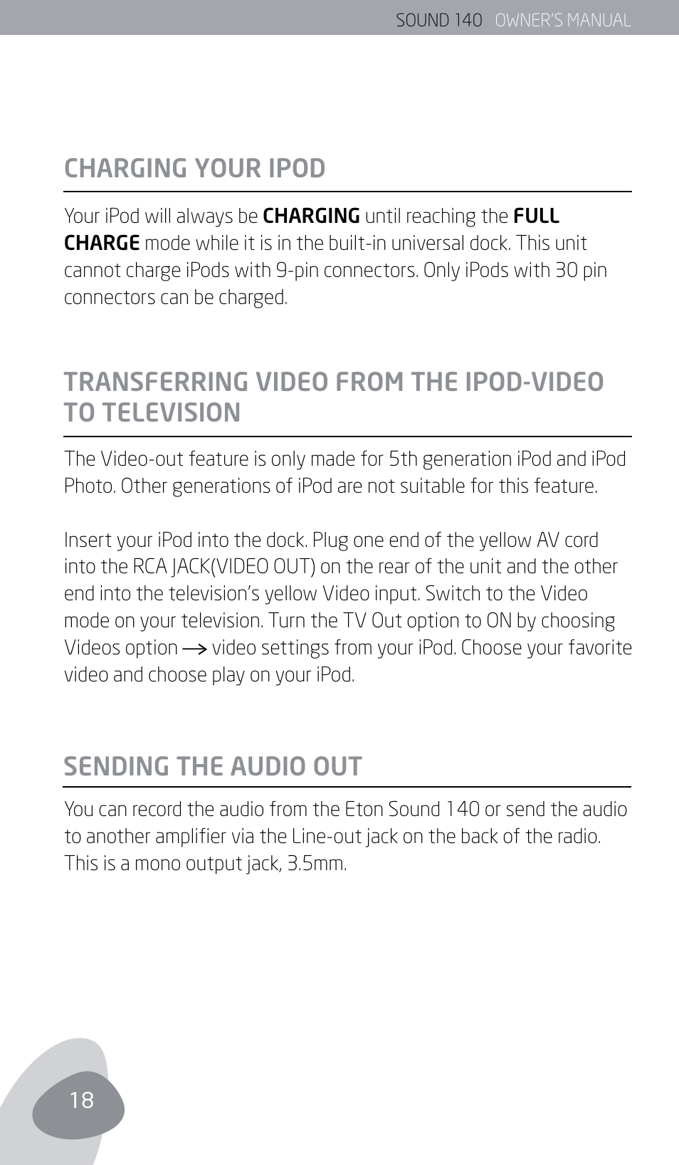 Charging your ipod | Eton SOUND 140 User Manual | Page 18 / 74