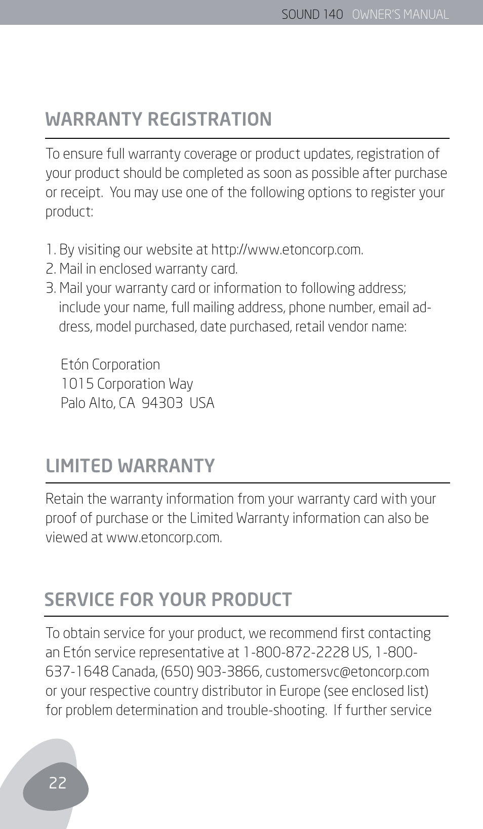 Warranty registration, Limited warranty service for your product | Eton SOUND 140 User Manual | Page 22 / 74