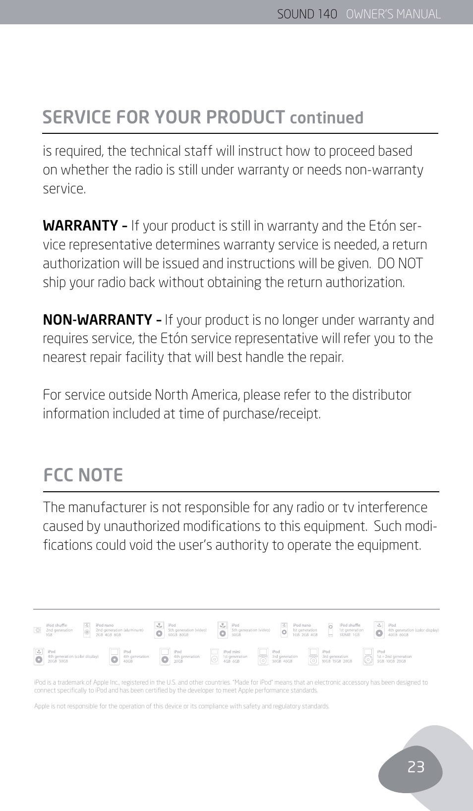 Service for your product, Continued | Eton SOUND 140 User Manual | Page 23 / 74