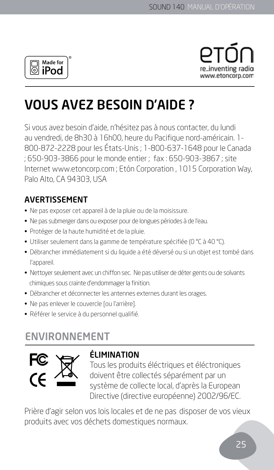 Vous avez besoin d’aide, Environnement | Eton SOUND 140 User Manual | Page 25 / 74