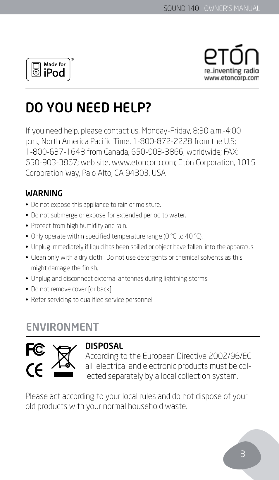 Do you need help, Environment | Eton SOUND 140 User Manual | Page 3 / 74