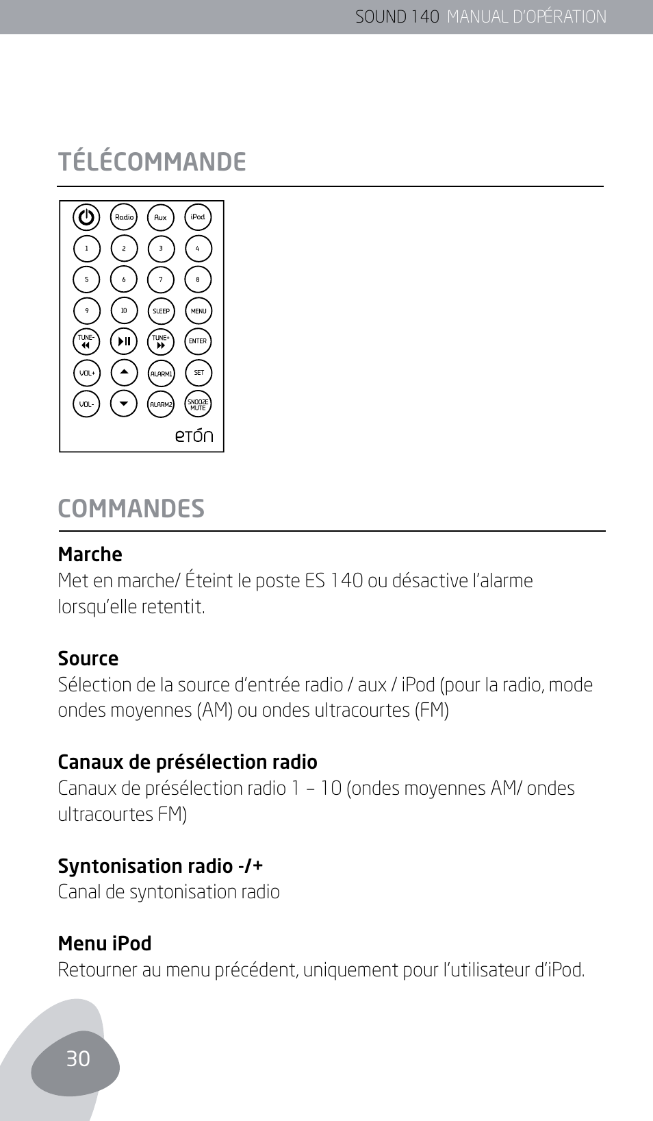 Télécommande commandes | Eton SOUND 140 User Manual | Page 30 / 74