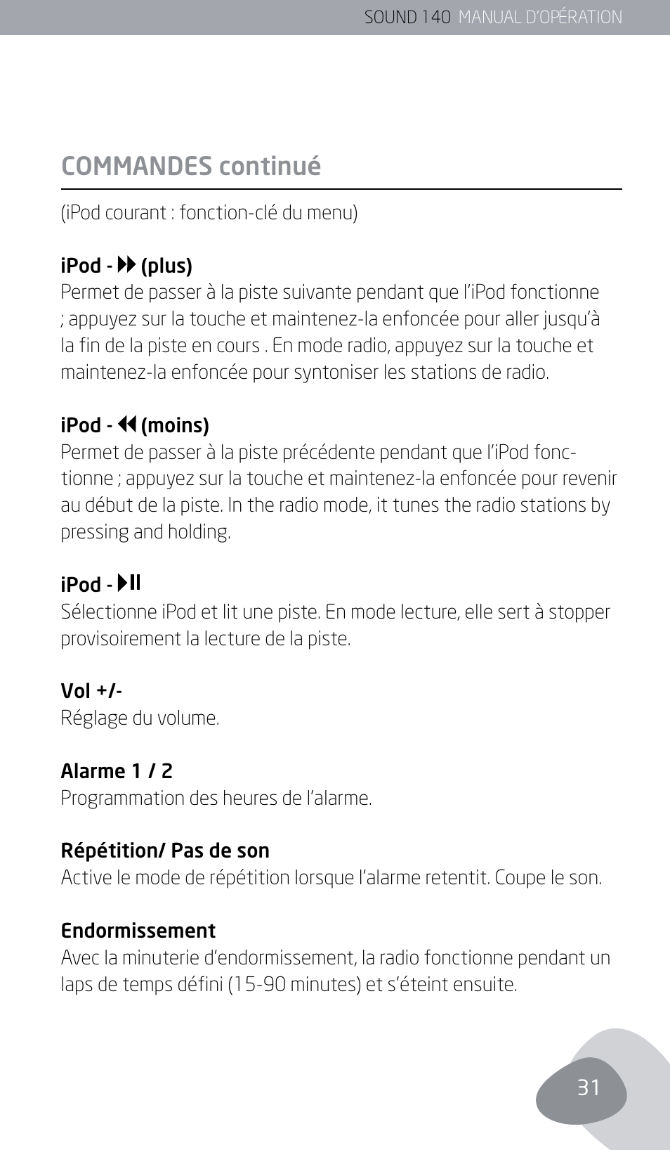 Commandes continué | Eton SOUND 140 User Manual | Page 31 / 74