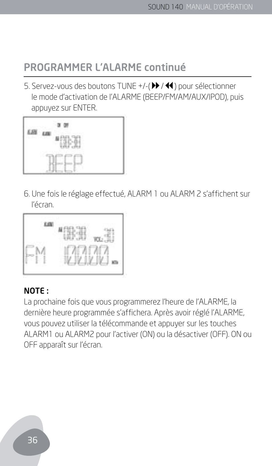Programmer l’alarme continué | Eton SOUND 140 User Manual | Page 36 / 74
