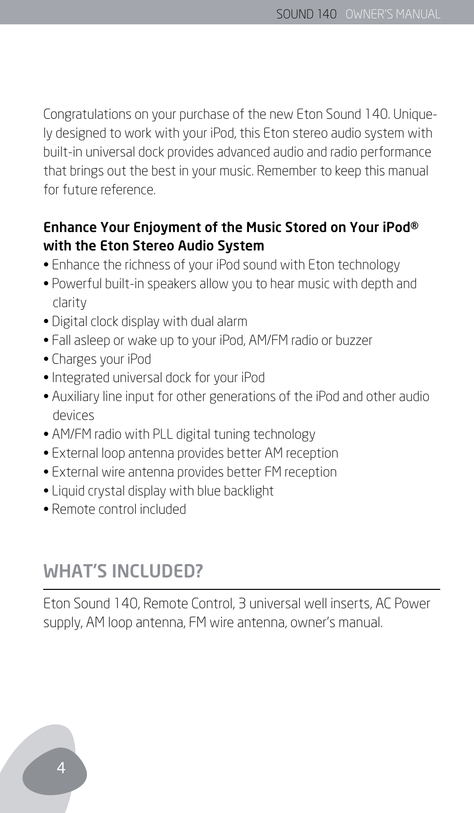 What’s included | Eton SOUND 140 User Manual | Page 4 / 74