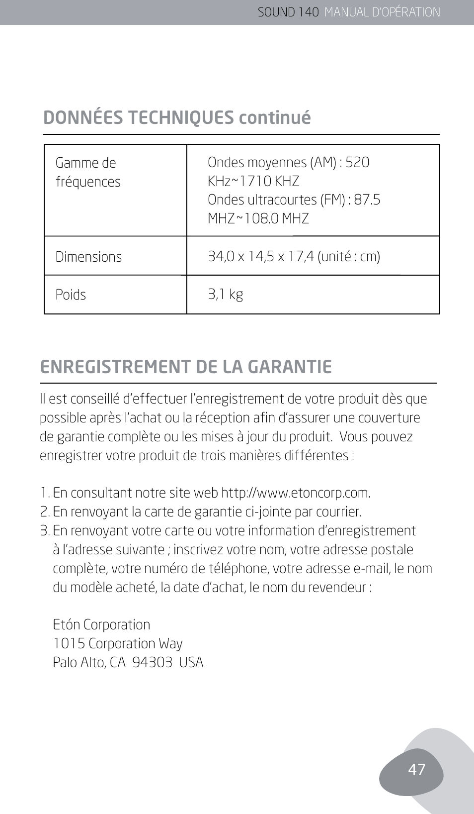 Données techniques continué, Enregistrement de la garantie | Eton SOUND 140 User Manual | Page 47 / 74