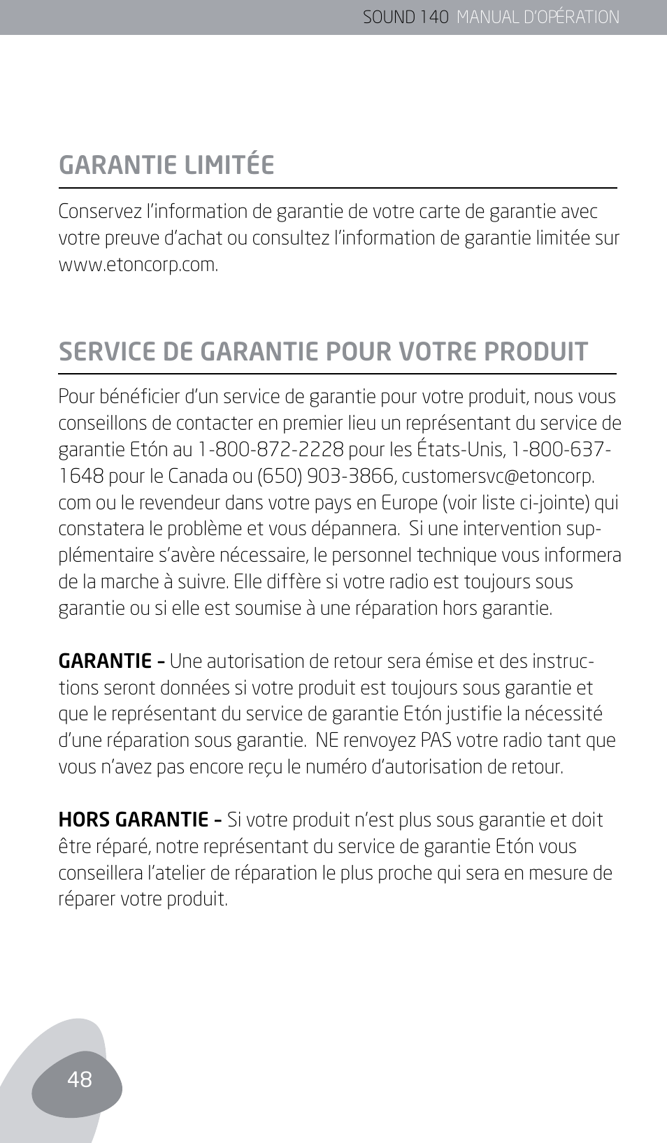 Garantie limitée, Service de garantie pour votre produit | Eton SOUND 140 User Manual | Page 48 / 74