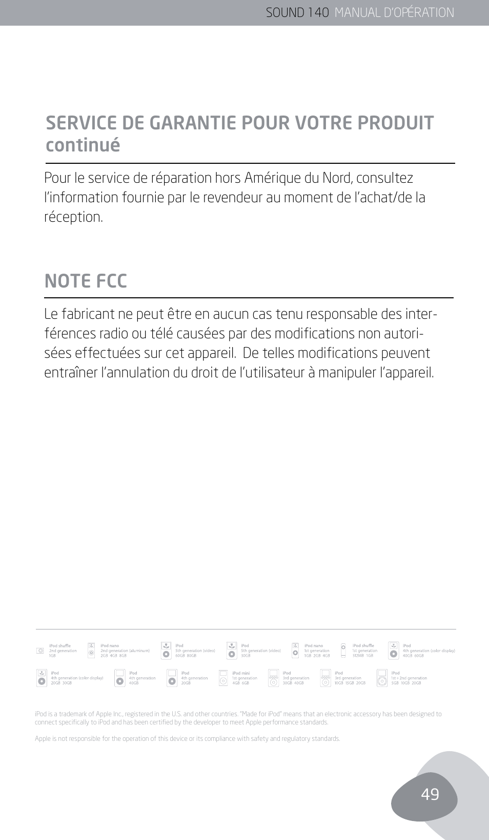 Service de garantie pour votre produit continué | Eton SOUND 140 User Manual | Page 49 / 74