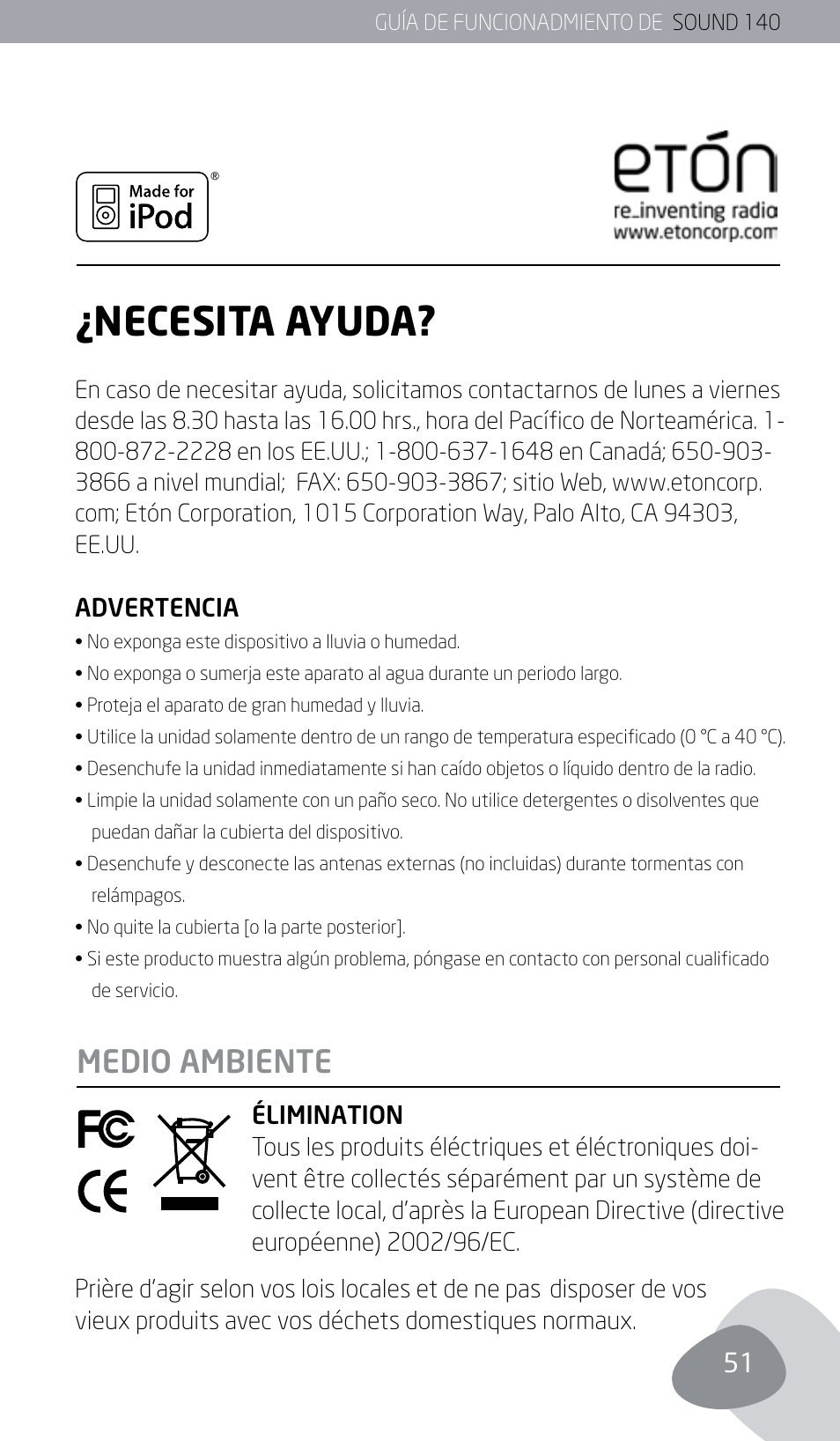 Necesita ayuda, Medio ambiente | Eton SOUND 140 User Manual | Page 51 / 74