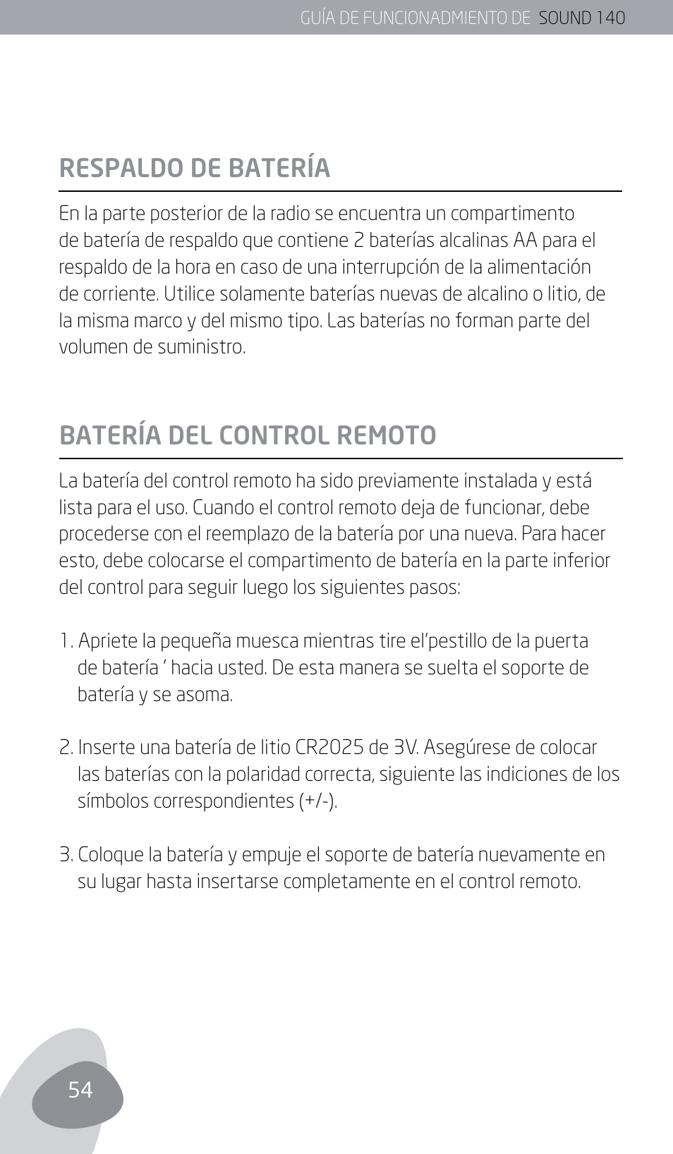 Respaldo de batería batería del control remoto | Eton SOUND 140 User Manual | Page 54 / 74