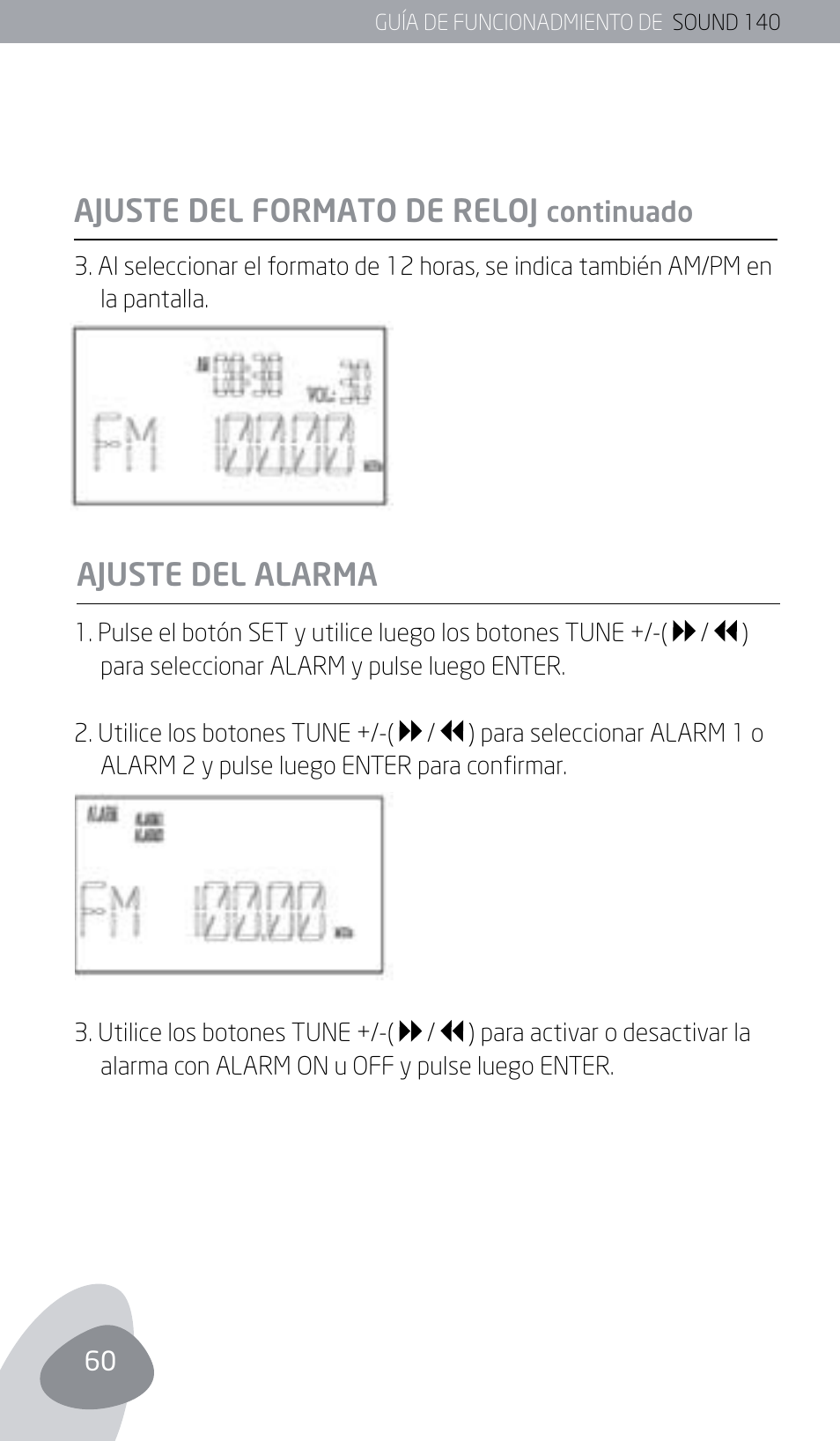 Ajuste del formato de reloj, Ajuste del alarma | Eton SOUND 140 User Manual | Page 60 / 74