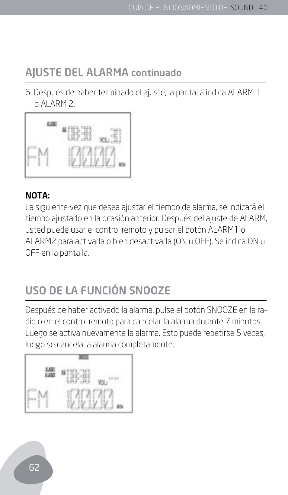 Ajuste del alarma, Uso de la función snooze | Eton SOUND 140 User Manual | Page 62 / 74