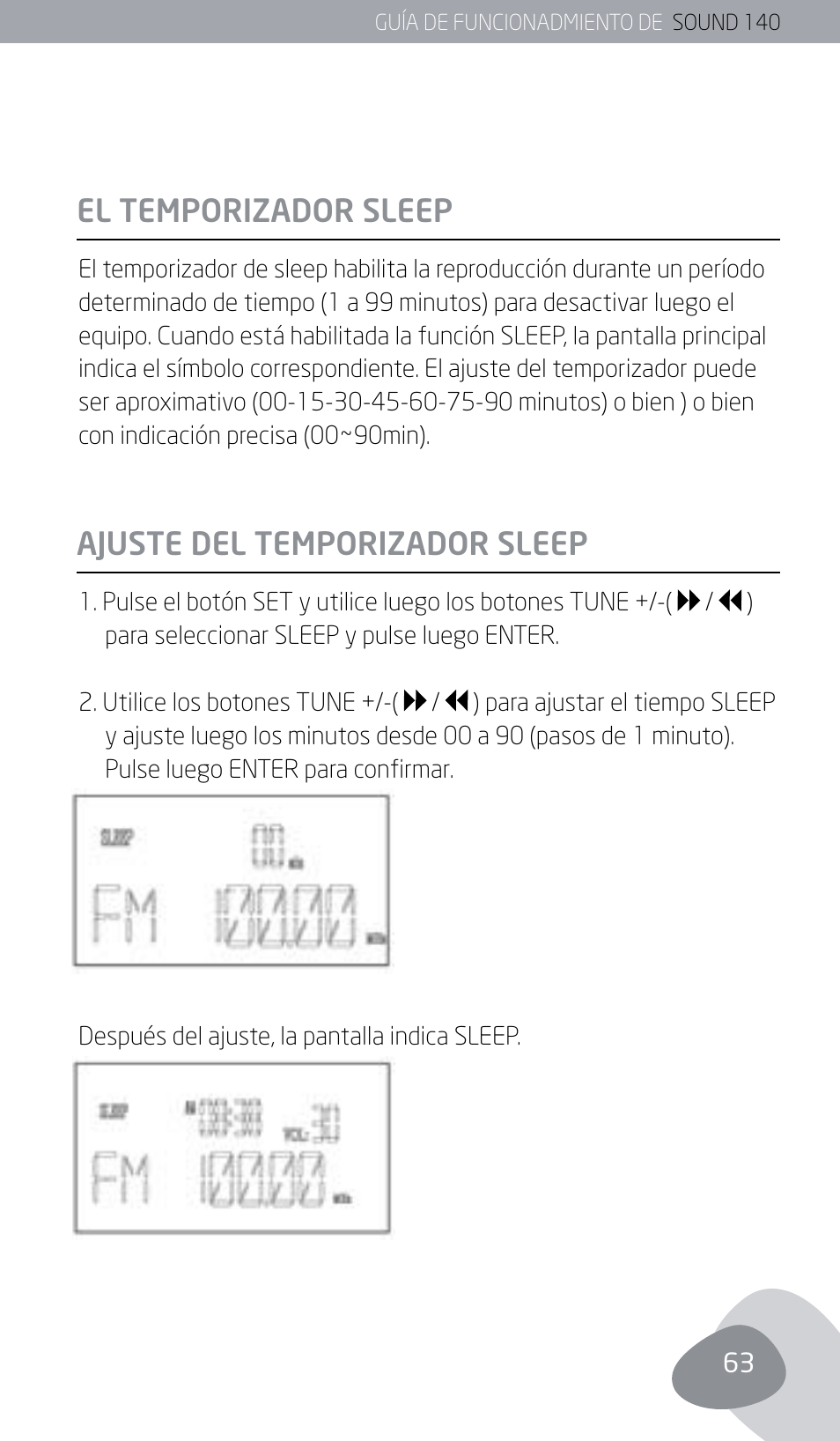 El temporizador sleep, Ajuste del temporizador sleep | Eton SOUND 140 User Manual | Page 63 / 74