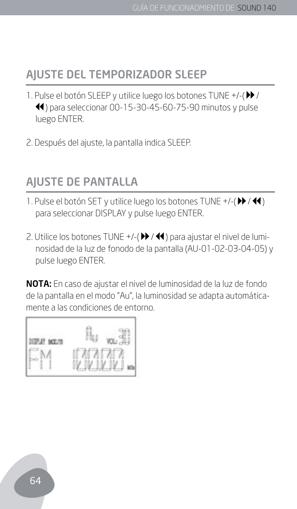 Ajuste del temporizador sleep, Ajuste de pantalla | Eton SOUND 140 User Manual | Page 64 / 74