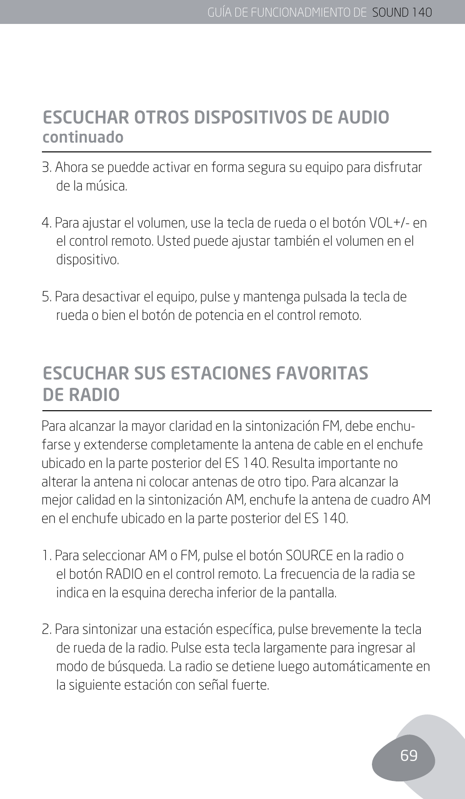 Escuchar otros dispositivos de audio, Escuchar sus estaciones favoritas de radio | Eton SOUND 140 User Manual | Page 69 / 74